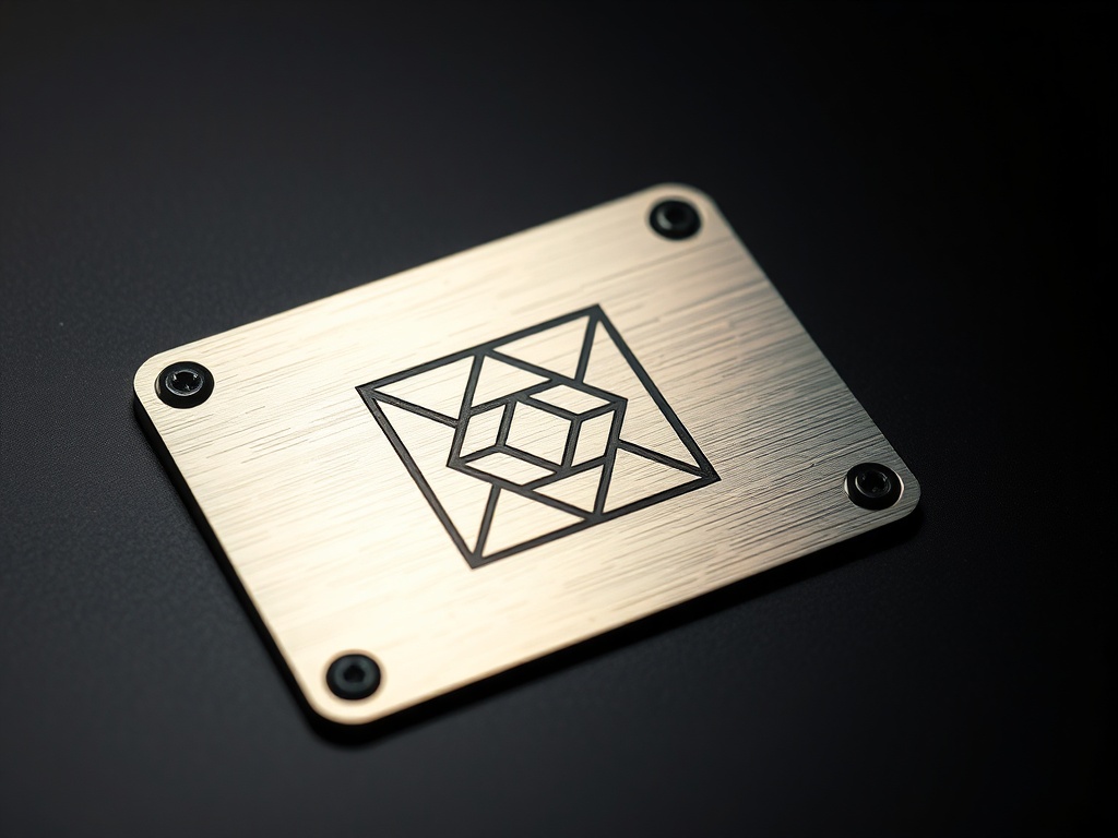 Close-up of a minimalist geometric logo engraved on a brushed metal plaque, soft reflections, dark background with subtle gradient, 8k product photography.